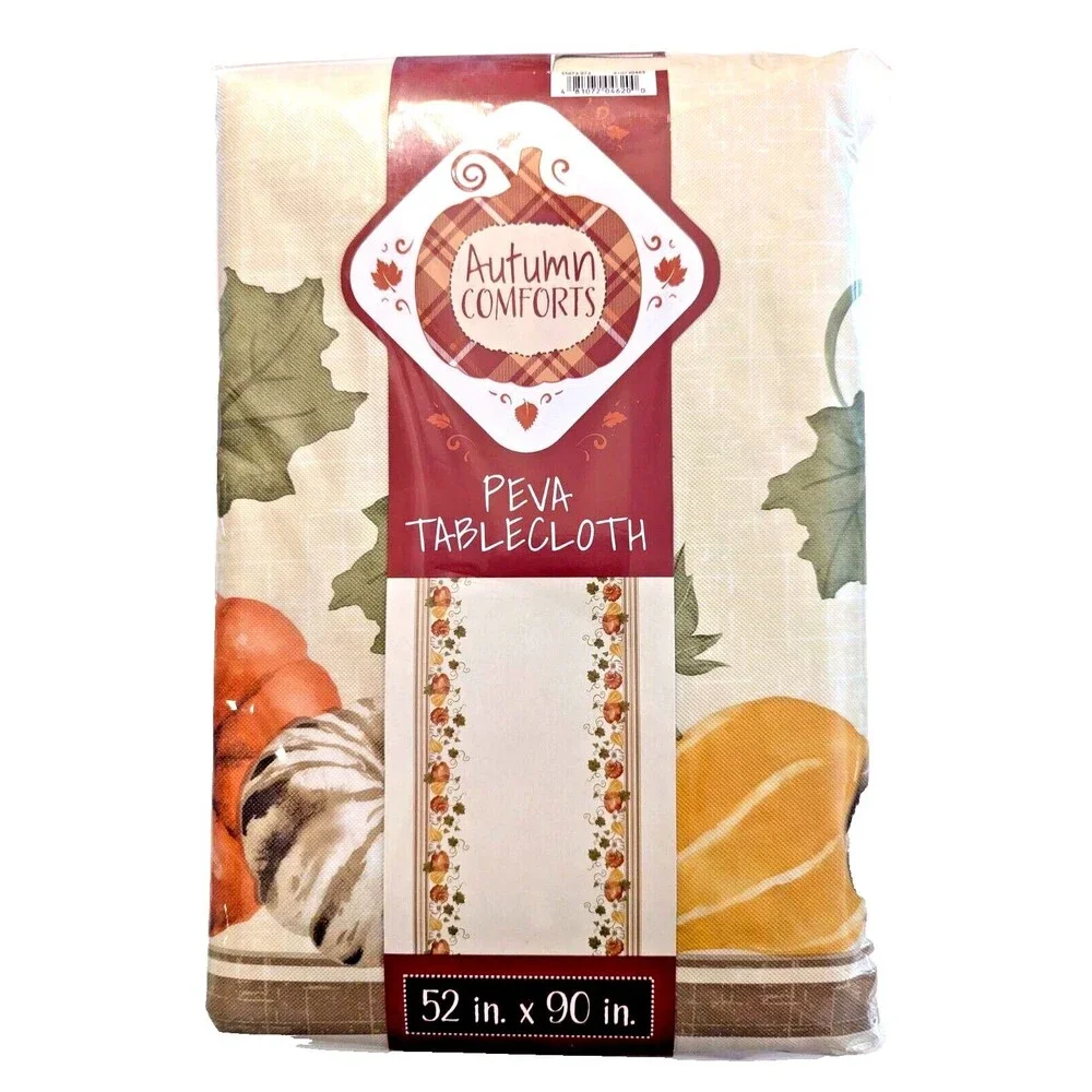 Autumn Comforts Harvest Tablecloth Pumpkins Gourds 52 x 90-in PEVA Dining NEW